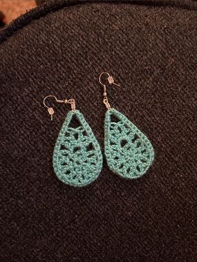 Handmade Teardrop Crochet Earrings - Teal